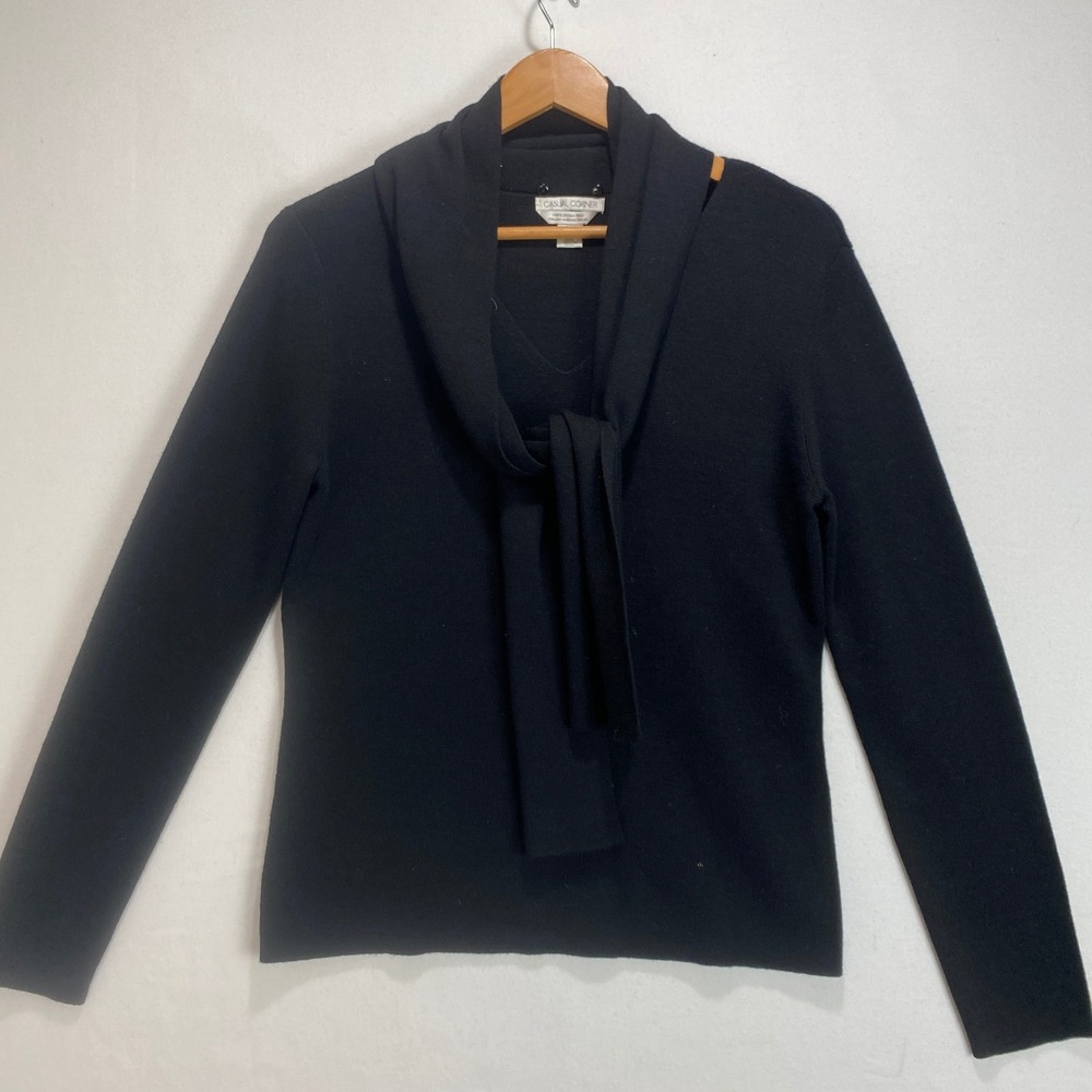 Casual Corner Black Merino Wool Sweater Knit Shawl Collar Tie‎ Size L